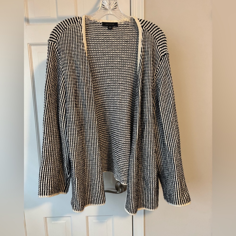 Ann Taylor Black and White Striped Cardigan